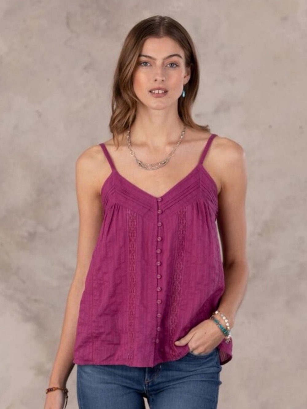 Sundance Joy and Love Camisole in Berry Magenta Lace-Trim Button-Front Womens M